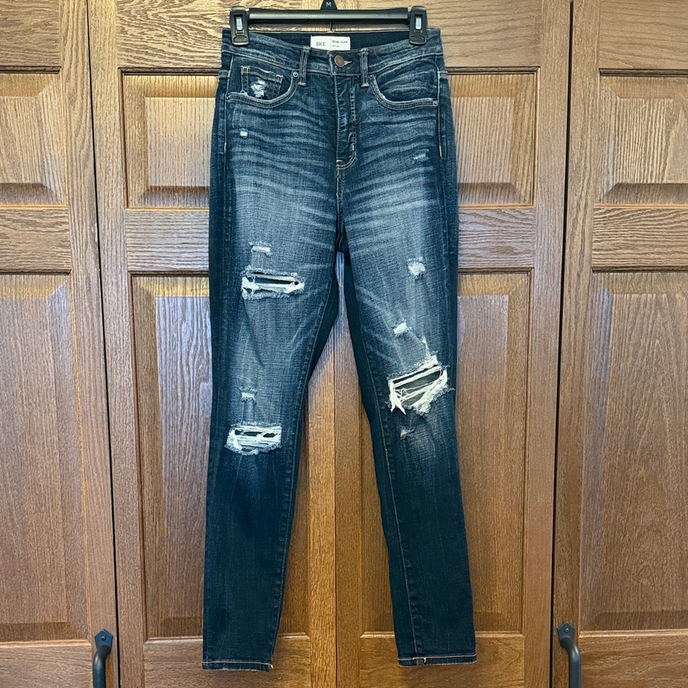 BKE Women's Distressed Straight Leg High Rise Mom Jean